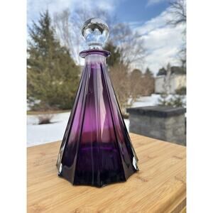 MCM Bohemian Czech Amethyst Crystal Art Glass Decanter 12 Panel Faceted 11.25”